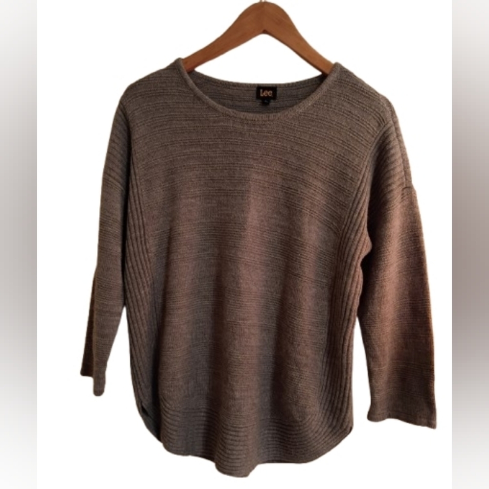 Lee Gray Top Knit Sweater Women's Large Crew Neck Ribbed Pullover Top SZ Large